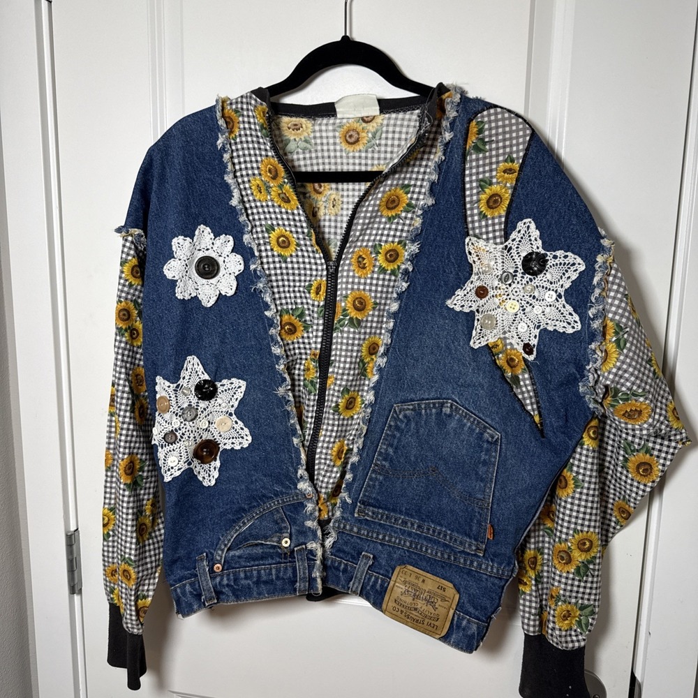 vintage patchwork denim jacket featuring playful sunflower-print fabric